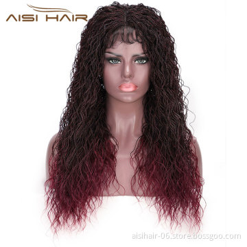 Aisi Hair Ombre Wine Red Lace Front Long Braided Wigs For Women Senegalese Twist Braided Lace Front  Synthetic Long Wavy Wigs